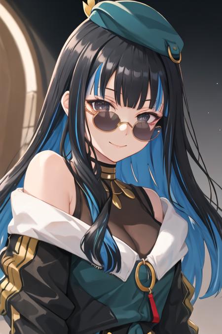 best quality, masterpiece, highres, solo, {tlaloc_fgo:1.15}, bangs, black_hair, blue_hair, multicolored_hair, long_hair, hat, breasts, jewelry, sunglasses, streaked_hair, black_eyes, 1girl, black_nails, holding, looking_at_viewer, mask, nail_polish, smile, dress, bow, simple_background, wand, black_jacket, jacket, closed_mouth, necklace