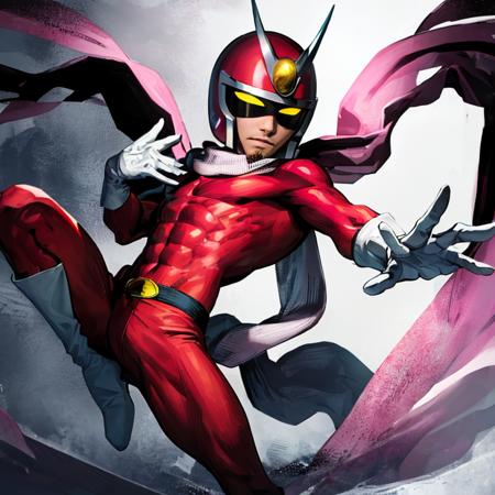 Viewtiful Joe,  red bodysuit, translucent pink scarf, helmet with glowing yellow eyes, goatee, white gloves, white boots, abs,  
(insanely detailed, beautiful detailed face, masterpiece, best quality)  intricate details, volumetric lighting,  tone mapping, <lora:Joe-10:0.7>