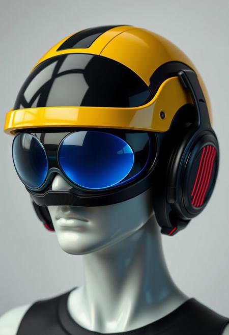 The figure's head is encased in a streamlined helmet, predominantly yellow with black accents. The helmet appears highly polished, with a smooth, almost glossy finish. Integrated into the helmet are large, circular, reflective lenses that cover the eyes entirely. The lenses glow with blue hue, giving off a cool, futuristic aura. These oversized goggles suggest an augmented reality or heads-up display function, typical of high-tech environments. Around the figure’s ears are sleek, futuristic headphones, which are seamlessly built into the helmet design. These headphones are primarily black with red, horizontal stripes along the side, indicating an interface for communication or audio enhancements. The skin tone appears smooth and artificial, hinting at synthetic or modified human characteristics