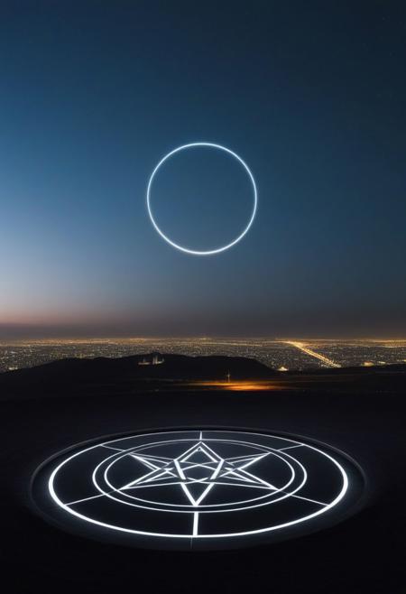 A stately pleasure-dome decree:
Aleph Tower, centre for the AI that rules the Human civilization, in a glittering city of glass and shining metal,
   bright sunlight under a pitch black sky.
So twice five miles of urban sprawl,
With walls and towers  girdled round;
In center: a black circle in bold lines intersected by a thick pentagram, symbol,
Photographer Reuben Wu Style