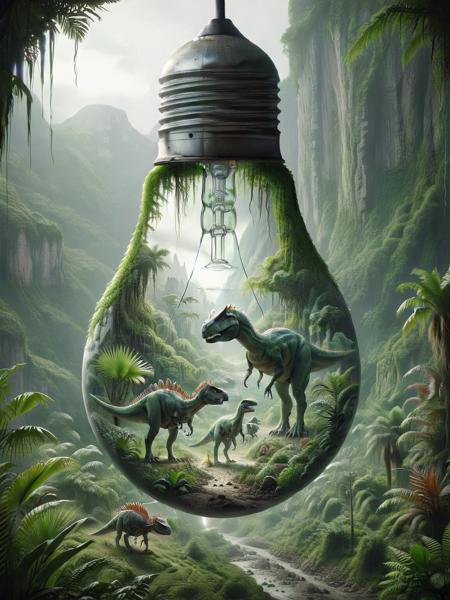 ais-bulbz a peaceful dinosaur family in a lush Jurassic valley inside the bulb, a futuristic dystopian cityscape background outside the bulb <lora:Inside_A_Bulb_SDXL:0.9>