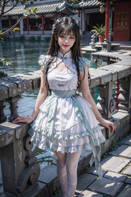 best quality, masterpiece, realistic, (photorealistic:1.4), 1girl, solo, full body, looking at viewer, smile, cns attire, white dress, pantyhose, detailed background, standing, chinese garden, water, <lora:cns_dress_style6_v2:0.7>