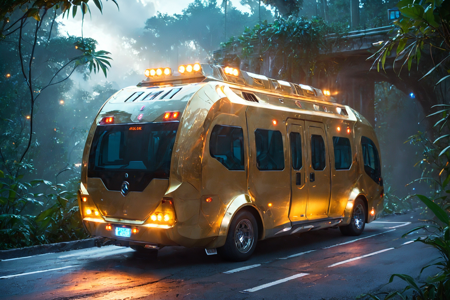 bioluminescent, a futuristic ambulance with medical lights, sleek design, solo, futuristic lights, glowing softly, futuristic bridge, glowing supports, city below, detailed background, hovering above a jungle, vines below, glowing plants, environment focus, wide shot, a futuristic light, glowing softly, on the road, best quality, rich colors, photorealistic style, high detail, high-definition, hyper-realistic, extremely high-resolution details, fine texture, incredibly lifelike, realistic, not fantasy, not anime, not drawing, highres, 4K resolution, source photo, realistic photo, masterpiece, best quality, amazing quality, very aesthetic, ultra-detailed, detailed surfaces, natural metallic tones, soft lighting, futuristic gold, metallic sheen, warm light, overhead shot, <lora:Mystic_Lumina_r1-000007:0.9>