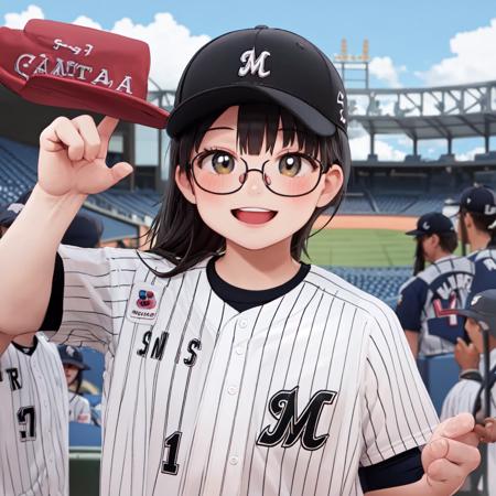 best quality, ultra-detailed, illustration,
chibalotteU, baseball uniform, baseball cap, 
1girl, solo, glasses, black hair, long hair, standing, happy, laughing, smile, upper body, looking at viewer, baseball stadium, 
 <lora:Chiba_LOTTE_MARINES_uniform_SD15_V1:0.8>