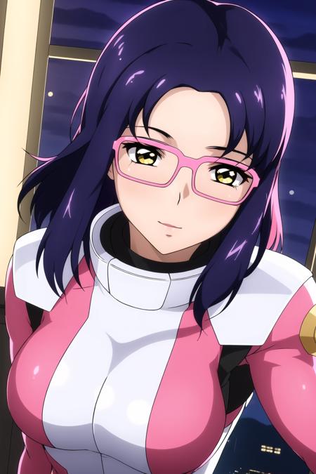 (Night:1.7), Japan, Tokyo, CityView, Before Window,
Standing at attention,
pink and white outfit,gloves,BodySuit,
<lora:Juri_Wu_Nien_Gundam_Seed-KK77-V1:0.7>,glasses,
 purple hair, yellow eyes,short hair,forehead, 
1 girl, 20yo,Young female,Beautiful Finger,Beautiful long legs,Beautiful body,Beautiful Nose,Beautiful character design, perfect eyes, perfect face,expressive eyes,
looking at viewer, in the center of the image,(Upper_body),(close-Up),(Focus on her face),
official art,extremely detailed CG unity 8k wallpaper, perfect lighting,Colorful, Bright_Front_face_Lighting,shiny skin,
(masterpiece:1.0),(best_quality:1.0), ultra high res,4K,ultra-detailed,
photography, 8K, HDR, highres, absurdres:1.2, Kodak portra 400, film grain, blurry background, bokeh:1.2, lens flare, (vibrant_color:1.2)
(Beautiful,Breasts:1.0), (beautiful_face:1.5),(narrow_waist),