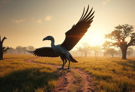 epic details A colossal, imposing bird sculpture, crafted from weathered metal & aged wood, wings dramatically spread, head turned left, poised in a vast grassy field. Surrounded by a winding dirt path, ancient trees form a natural backdrop. Cinematic golden hour lighting, volumetric rays, rich harmonious palette. Ultra-detailed, intricate textures, sharp focus. Matte painting quality. Masterpiece composition, creative angle, Golden Ratio. Octane Render, Unreal Engine 5, Houdini Style, CGSociety, trending on Artstation.