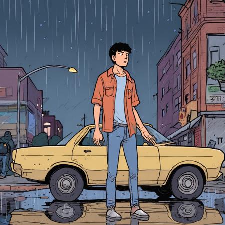 high-quality artwork in jmst artstyle of medium-shot of full-length full-body full-shot of a young man with short black hair wearing a tshirt and jeans standing in front of a car in a city street during a rain storm at night