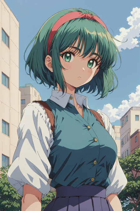 1girl, blue background, buttons, closed mouth, green eyes, hairband, looking at viewer, mj manga, official style, outdoors, plant, retro artstyle, shirt, short hair, sky, upper body<lora:MjManga:0.8>