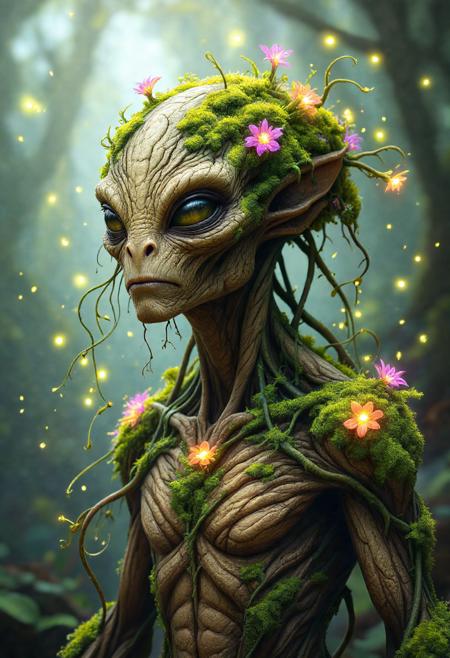 A close-up of a plant-like alien, with tendrils and vines growing out of its body, its textured bark-like skin covered in vibrant mosses and flowers that release bioluminescent spores into the air.