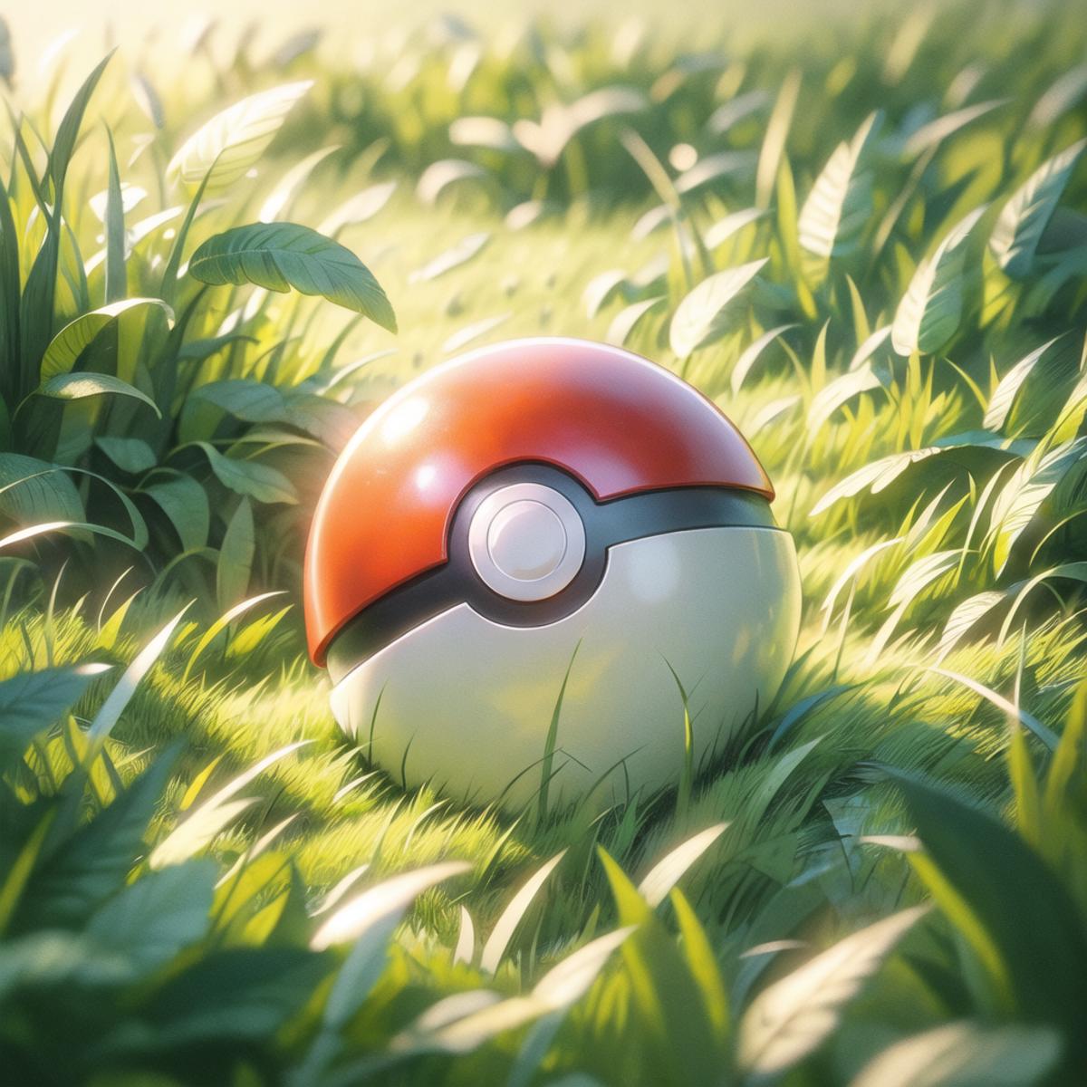 A Pokemon ball sits on top of a grassy field.