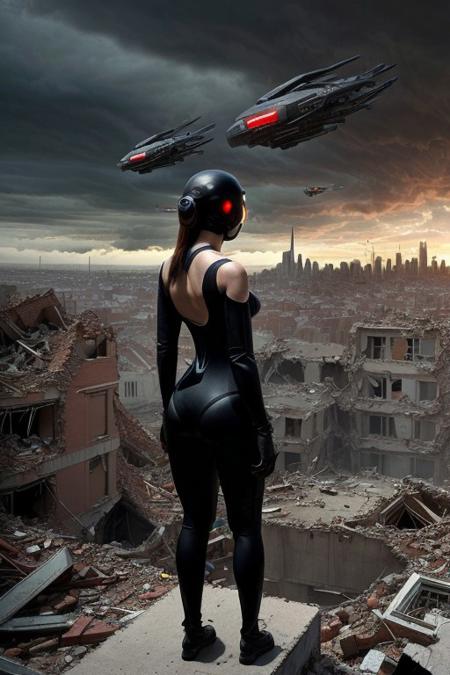 score_9, score_8_up, score_7_up, score_6_up, 2girls, aerial view two women (wearing futuristic bodysuits) standing on a hill, looking over a huge city in ruins, destroyed buildings, chaos, apocalyptic scene, dark brooding sky, science-fiction, dystopian scene.