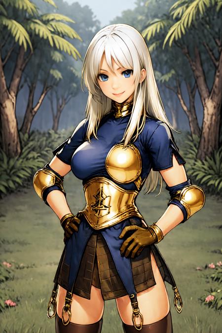 archerRo, armor, boots, gloves, thighhighs, golden ring, golden  armor, golden collar,
1girl, white hair, blue eyes, long hair,
looking at viewer, smile, 
standing, hand on hip, hand on torso,
outdoor, grass floor, jungle, large jungle, rain jungle, pool, large tree,
 <lora:archerRO_V1.4:0.77>