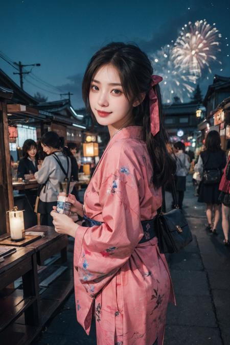 1girl, wearing pink kimono, japanese clothes,pink kimono, flowr print, looking viewer,close up,from_front:1.2,festival, yukata, traditional attire, hair ribbon, sandals, outdoors, cityscape, smiling,night, colourful firework background,lantern,  colourful fireworks in sky:1.6, summer, japanese culture, [cinematic lighting:0.8],realistic:1.3, scenery, japanese festival, city view, happy, joy, festive mood. (masterpiece), (best quality:1.2), absurdres, [:intricate details:0.2] <lora:LowRA:0.35> <lora:add_detail:0.45> <lora:InstantPhotoX3:0.35>