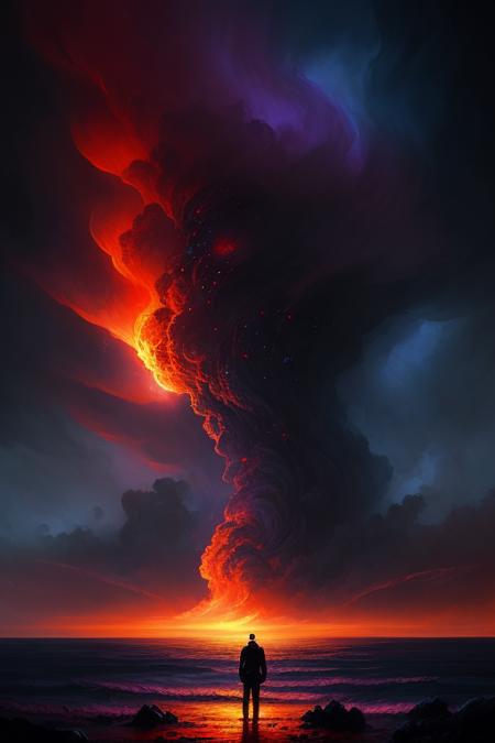 dark background with subtle hints of purple and orange lighting, a man standing in front of a giant red cloud with a person standing in the middle of it in the middle of the ocean, art greg rutkowski, Anato Finnstark, a detailed painting, fantasy art, Highly detailed, Digital painting, Artstation, Intense, Horror, Eldritch horror, Sharp focus, Dramatic pose, Lovecraftian, cosmic horror, possession, corruption, Horror art
