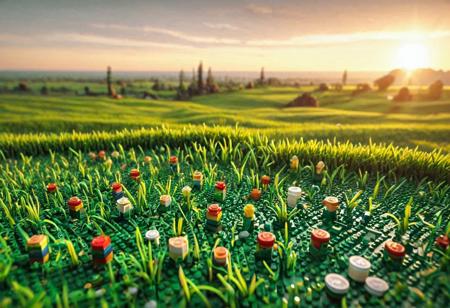 close to camera is grass made of lego bricks, which slowly fades into a beautiful natual landscape on a sunset, focus on the distant landscape