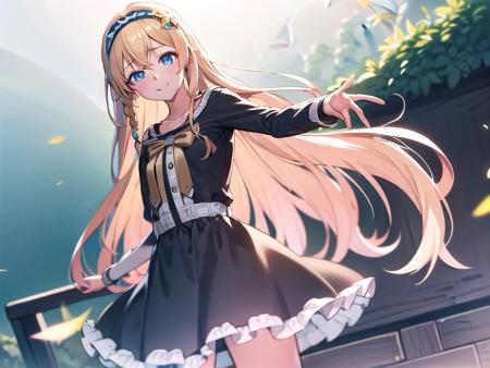 (hyper extreme detailed:0.8),(masterpeace),(hyper extreme),(photorealistic),CG,(colour:1.2), beautiful lighting,light from the front,official art, 1girl, sunny day,outdoor for park,looking at viewer,view straight on,  <lora:uzuki_kagura:1>,uzuki_kagura,blonde hair, hairband, blue eyes, black dress,