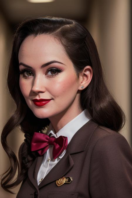 photo of a woman, sydneywatson:0.99, ((dark brown hair)), ((shirt, bowtie, pigtails):1.1), ((closeup, portrait)),((hallway, lockers)), ((red lipstick, makeup)), (smile), ((best quality, masterpiece, extreme details, high resolution):1.2),((detailed eyes, beautiful eyes, detailed face, beautiful face):1.2)