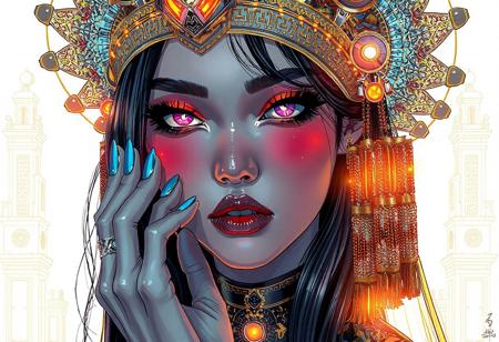 A highly detailed, intricate line-art illustration in the style of syd mead. Detailed hyper realism in the visible body parts (face, hands, legs).
3D rendering, face close-up, CG high model, Elegant [goth ] with bold colored glowing makeup and a holographic asian headdress, in a [chrome and gold] cyberpunk aesthetic, dark fantasy, anime-style, illuminated by soft lighting
, acrylic painting in style Adam Hughes.
The composition features mesmerizing line work, fine architectural detailing in the background, and a play of light and shadow through intricate hatching. The overall aesthetic is serene, introspective, and dreamlike, blending realism with a highly structured, almost meditative pattern-based design.