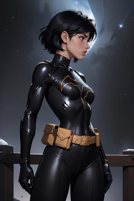 masterpiece, best quality, <lora:cassandracain-nvwls-v1-000009:0.9> cassandra, black hair, short hair, bodysuit, black bodysuit, black pants, black gloves, belt, belt pouch, medium breasts, night, night sky, from above, profile, serious