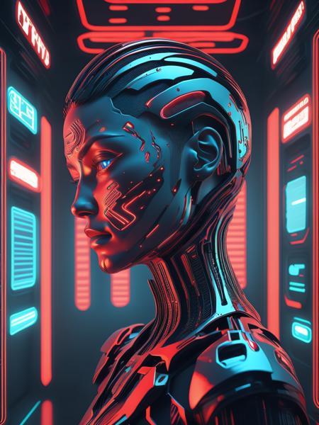 beautiful pale cyberpunk female with heavy black eyeliner, blue eyes, shaved side haircut, hyper detail, cinematic lighting, magic neon, dark red city