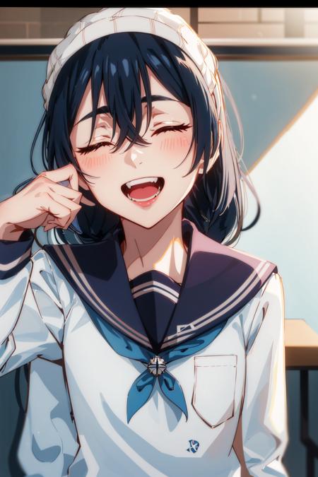 1girl, AmanaiRiko,  open_mouth, smile, school_uniform, closed_eyes, letterboxed, sailor_collar, serafuku, long_sleeves, long_hair, solo, shirt, hair_between_eyes, :d, blue_sailor_collar, bangs, solo_focus, white_shirt, hand_up  <lora:chara_AmanaiRiko:0.8>