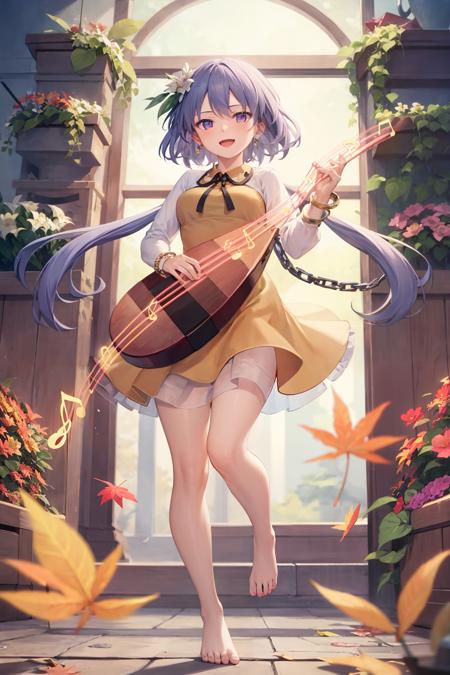 masterpiece, best quality,  <lora:TsukumoBenben:1>,1girl, lute (instrument), biwa lute, tsukumo benben, solo, purple eyes, hair ornament, instrument, musical note, flower, purple hair, long hair, hair flower, dress, chain, leaf, barefoot, twintails, staff (music), open mouth, very long hair, beamed eighth notes, smile, eighth note, looking at viewer, music, quarter note, ribbon, long sleeves, playing instrument, jewelry, treble clef, frills, brown dress, full body, beamed sixteenth notes, low twintails, autumn leaves, bracelet