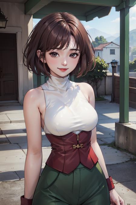 (masterpiece, top quality, best quality, official art, beautiful and aesthetic:1.2), (1girl:1.3), (fractal art:1.3), solo, 
short hair, breasts, pants, sleeveless,brown hair, sleeveless, closed mouth, bare shoulders, white turtleneck,toned,
green pants,  white footwear,boots,
outdoors, sunlight, upper body, smile, 
simple background, looking at viewer,   <lora:Annie:0.8>