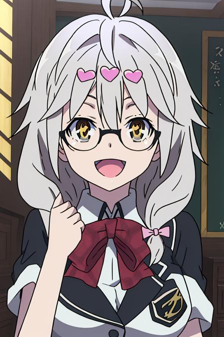 <lora:Yui_Kurata_v2:1>,Yui_Kurata,school uniform,looking at viewer,smile,open mouth,glasses,white hair,
masterpiece,best quality,1girl,solo,nice hand,good hand,