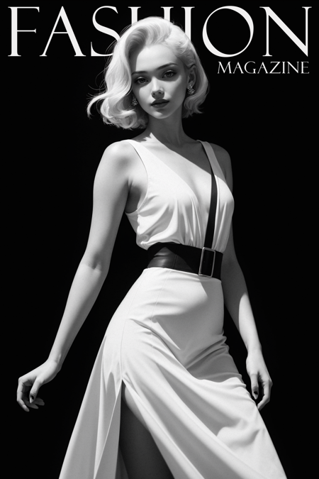 official art, ultra detailed, masterpiece, best quality, fashion shot of a girl, portrait, trendy outfit, model pose, petite, elegant, (simple black background), (unique), sharp focus, glamour, runway-ready, black and white, chiaroscuro, (monochrome:1.4), elizabeth, marilyn, christine, extremely detailed,