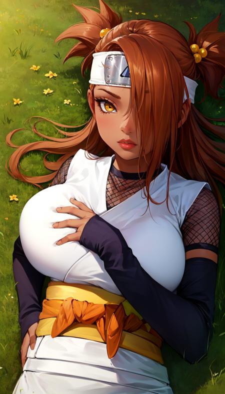 masterpiece, best quality, outdoors, field, forest, grass,
chouchou, 1girl, solo, looking at viewer, upper body, lying, on back, dark skin, brown hair,eyelashes, yellow eyes, orange hair, dark-skinned female, long hair, hair over one eye, hands on hips, 
headband, jewelry, forehead protector, japanese clothes, fishnets, sash, thighhighs, breasts, lips, ninja, huge breasts,
<lora:LoRA_Chouchou:1>,