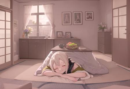 masterpiece, best quality, kotatsu, indoors, table, window, cosy, calm, rest, 1girl, ((under kotatsu)),  <lora:kotatsu-20:0.8>,  <lora:MHXA_REMAKE-20:0.8>, MHXA, idol outfit, fun, smile