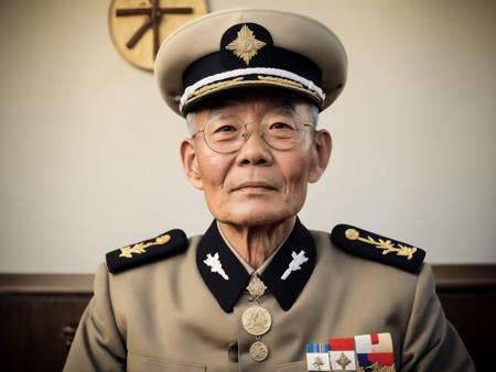 asian, <lora:houseman:0.85>,glasses,housemanku,A Japanese veteran, depicted as an elderly man with a dignified and solemn expression, wearing a military uniform or medals that reflect his service. The image is treated with a vintage filter, giving it a sepia or black-and-white tone, reminiscent of historical photographs. The background may include traditional Japanese elements or symbols of military service. The scene should be as realistic as a high-resolution photograph from a bygone era, with lighting that complements the vintage effect, highlighting the character's wisdom and experience, (masterpiece:1. 0), (best quality:1. 4), (ultra highres:1. 2), (intricate details:1.3), (soft focus:1. 4), (sharp focus:1. 4),Raw photo,1man,