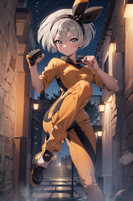 (masterpiece,best quality, detailed), 1girl, solo, outdoors, night, standing, from below, fighting stance, bruceleejumpsuit, looking at viewer, legs apart, cowboy shot,
bea \(pokemon\), bow hairband, single glove, <lora:SaitouV1-000013:1>,  <lora:CostumeBruceLeeStyleYellowBlack_v10:1>