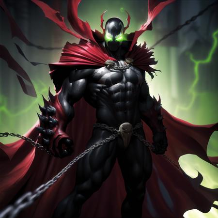 spawn, chain, male focus, red cape, solo, glowing eyes, muscular, abs, glowing, green eyes, looking at viewer, black cape, clenched hands, superhero <lora:spawn:0.9>