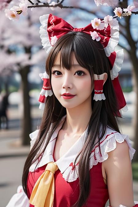 best quality, masterpiece, real,realistic, photo,photorealistic,cowboy shot,looking at viewer, 
1girl, beautifly face,hakurei reimu \(cosplay\), miko,
outdoors, street,sakura,cherry blossoms, wind,floating hair, falling petals, sunlight, 
<lora:hakurei reimu cosplay_728_V3_07:0.6>