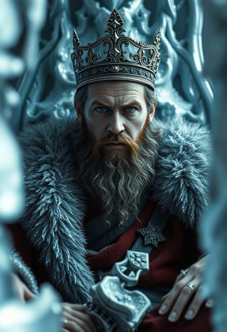 The King of Winter, rough presence, iced throne, close up, deep stare, bearded, detailed clothing, royal clothing, detailed crown, high quality render, ultra realistic, best quality, inside a room of ice, on a throne of ice, almost frozen, tension,