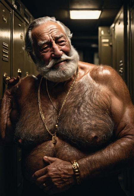 (photo, realistic, raw), (nighttime, at night, dark, dark hard shadows, cinematic atmosphere, movie grain, hazey atmosphere), closeup face portrait from below, man leaning forward, (etherial, spiritual, emperor, king, god), old burly buff gentleman with beard, old manly mature man, steroid musclegod, combed back hair,  doublechin, old hairy tanned grandpa, wrinkly neck, hairy chest, proud big hairy chest, thick neck, hairy armpits, tanned skin, tight golden spandex, gold jewellery, gold necklace, in a dark locker room at night, nighttime, gentle loving smile, intimite situation, romantic atmosphere,