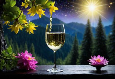 Fantasy glass of white wine illuminated by a bright star, glittering flowers in the background, forest, light, sparkle, fine art, extreme detail, photorealistic, matte painting" ultra high detail, detailed, black bg, night bg, rainbow color, ceramics, this digital painting , high detail, complex, complex pose, clarity, high quality, center alignment, Miki Asai Macro photography, detail, hyper detail, art station trends, sharp focus, studio photography, complex detail, high detail, by greg rutkowski<lora: xl_more_art-full_v1:0.4>