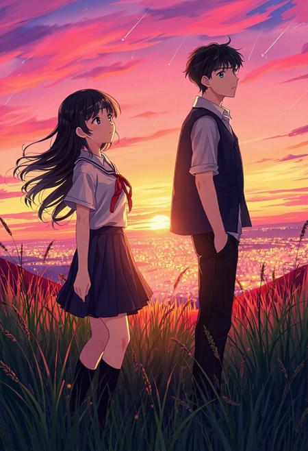 Vertical 9:16 cinematic anime scene, ultra-detailed 4K, soft cel-shading with watercolor textures. Two high school students standing back-to-back on a grassy hill during a vibrant sunset.
– Girl: long black hair flowing gently in the wind, wearing a white short-sleeved blouse, red ribbon tie, pleated navy skirt, and knee-high socks; eyes closed, expression calm but emotional.
– Boy: tousled dark brown hair, school blazer draped over shoulder, white shirt slightly wrinkled, black trousers; looking to the horizon with a wistful gaze.
Tall grass swaying, glowing city lights far below, streaks of shooting stars in a dreamy pink-orange sky, subtle lens flare, fireflies around them, deep sense of emotion and distance.
Inspired by Makoto Shinkai, CoMix Wave Films, "Your Name", "Weathering With You".