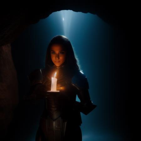 Photo of a woman wearing scifi armor in a dark creepy cave, candle lit, UHD, 8k