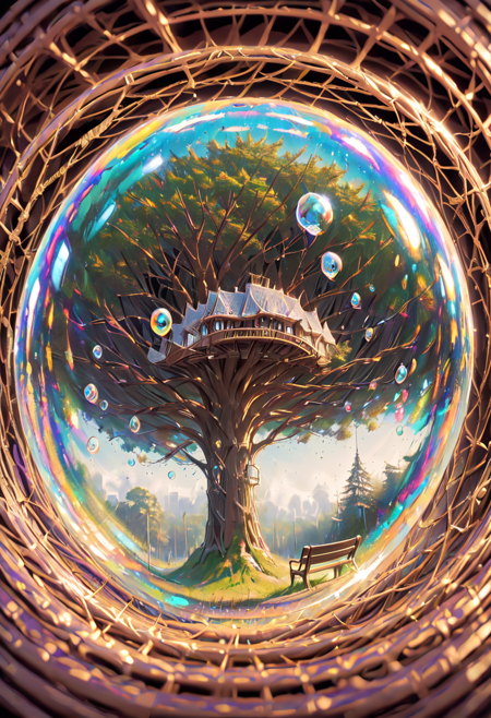 <lora:BubbleXL:1> bench, bush, day, forest, grass, nature, no humans, outdoors, park, road, scenery, sky, tree but in a bubble