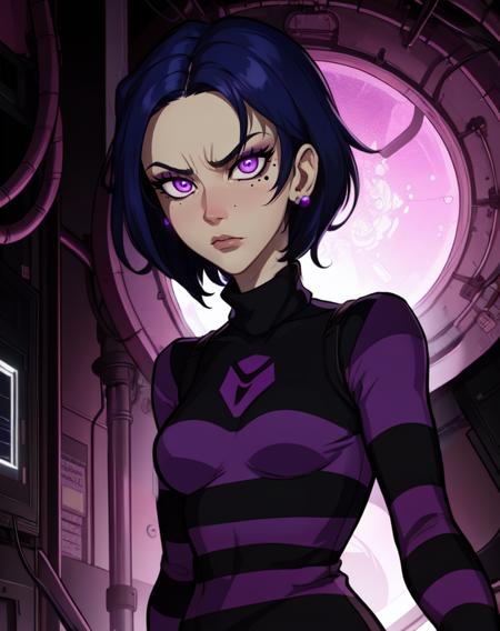 TakHuman, short blue hair, small earrings, purple eyes, serious look, mole under eye, 
standing, upper body, mean expression, 
striped sweater with logo, turtleneck, pelvic curtain, 
dark lab, purple lighting, lab tech,
(insanely detailed, beautiful detailed face,beautiful detailed eyes, masterpiece, best quality) 
 <lora:TakHuman-10v6:0.7>