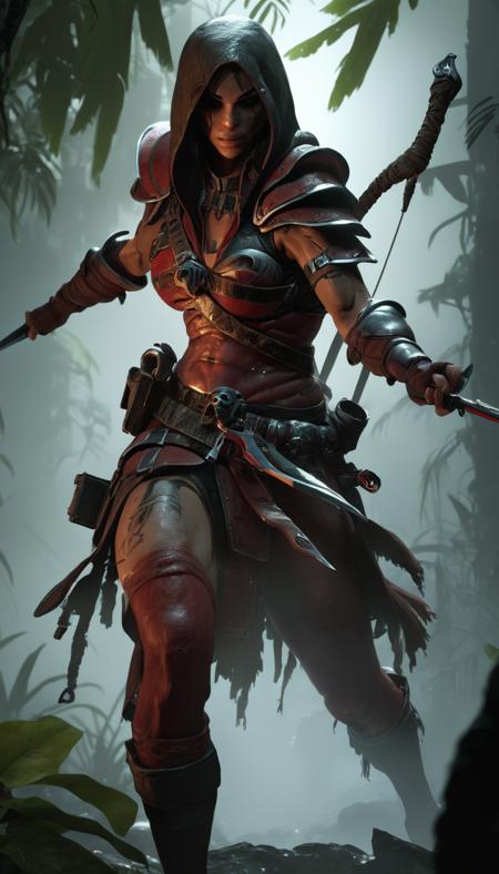 Cinematic scene, side view, diablo 4, female rogue, action pose,  <lora:diablo_4_rogue_v0.0.2:1>, jungle, masterpiece, best quality, high quality, absurdress