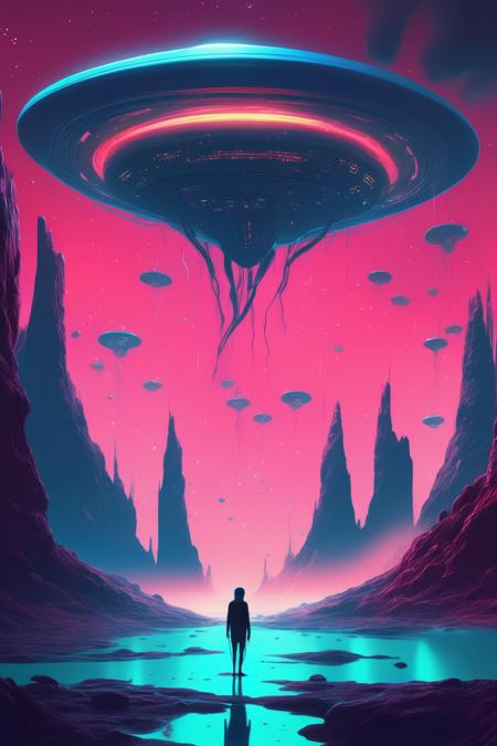 <lora:Christopher Balaskas Style:1>Christopher Balaskas Style - an image with an alien in the sky, in the style of cyril rolando, neon hallucinations, bulbous, gigantic scale, hyper-detailed, fluid, reminiscent retro sci-fi scenes