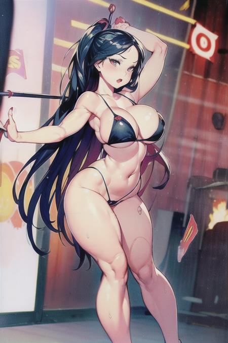 1woman standing, ((full body)), ((solo)), black bikini,  ((dynamic pose)) ,facial expression, emotion,  (long black hair), ((ultra detalled accessories)), (wide hip), (Bazaldua_V2-10000:1.1)