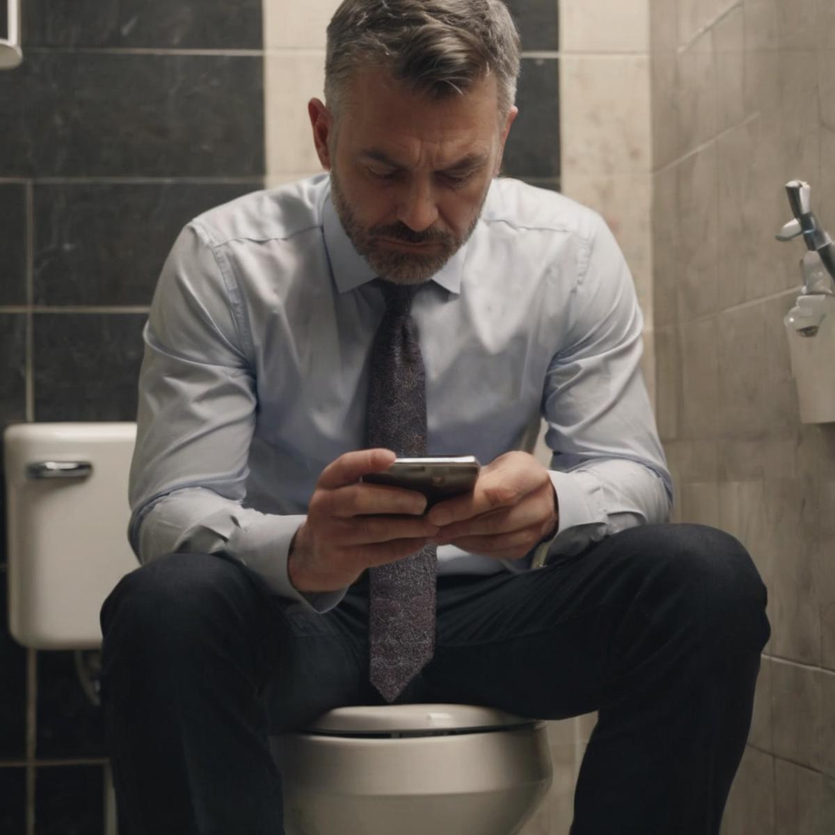 Man in a shirt and tie sitting on a toilet and using a cell phone.