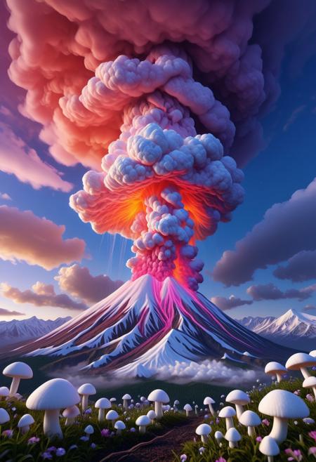 pink volcano, snowcapped mountains, spewing marshmallows, marshmallow mushroom cloud, up close, from below, looking up into cloud, rainbow colors, rainbow lava flow, score_9, score_8_up, score_7_up, score_6_up, score_5_up, score_4_up, UHD, 8K, masterpiece, detailed, ultra_high_resolution, lots of detail, OverallDetailXL, detailxl, ADD-DETAIL-XL, regalres, Masterpiece, 32k, photorealistic:1.4,