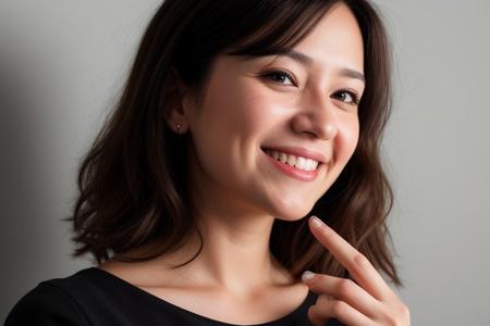RAW photo, face portrait photo of beautiful 26 y.o woman, cute face, wearing black dress, happy face, hard shadows, cinematic shot, dramatic lighting