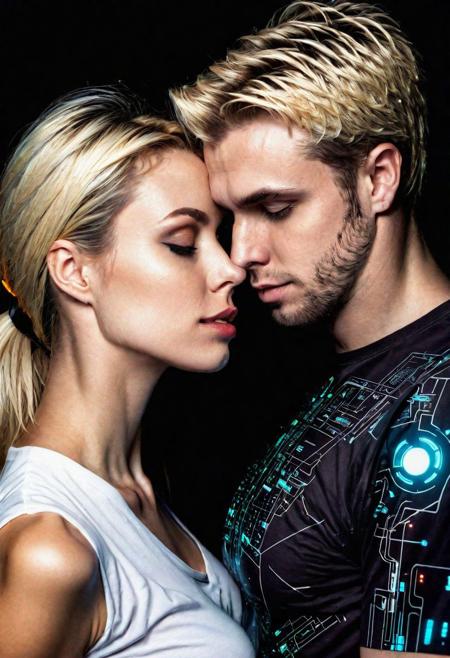 ( Ultradetailed desing T-Shirt square inside portrait woman and take only head Android man and kissing, Sci-Fi marc , 8k , tecnology detailed,chips, mechanism, beautiful neon colors , blonde and black hair, scuare desing:1.0)
