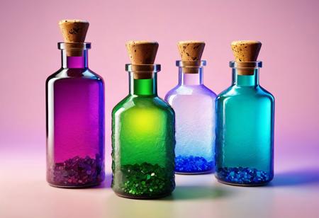 POV, frontal light, Hyper-realistic, detailed, stone design, flat texture, game item, fantasy style, threesome bottles, diamond-colored magic potion in matted glass bottle, centered, side view, diffuse texture, simple colored background
